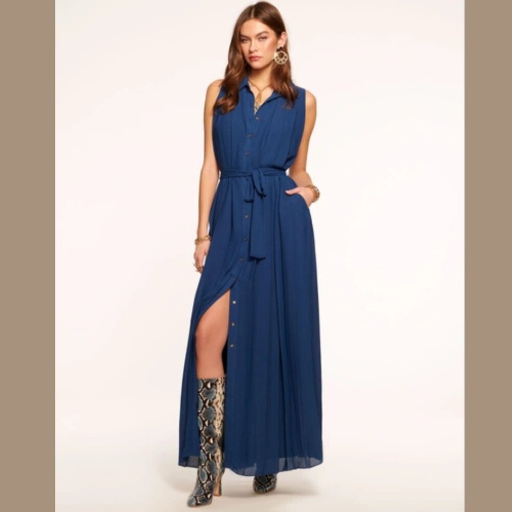 NWT Ramy Brook Coraline Pleated Maxi Shirtdress Spring Navy XXL